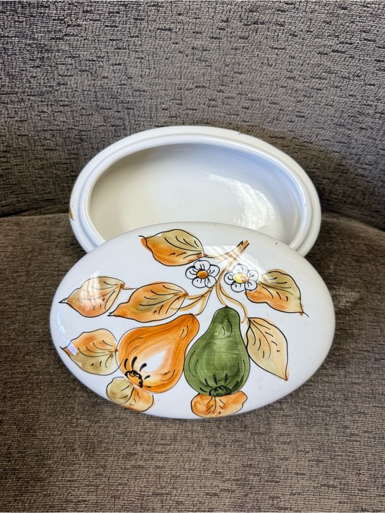 Vintage Other - Vintage Hand-Painted Italian Ceramic Large Oval Trinket Box with Fruit Motif